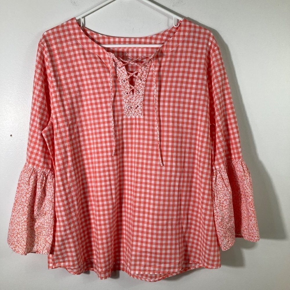 Womens St Johns Bay Gingham Floral Tie Top Bell Sleeve Peachy Pink White L